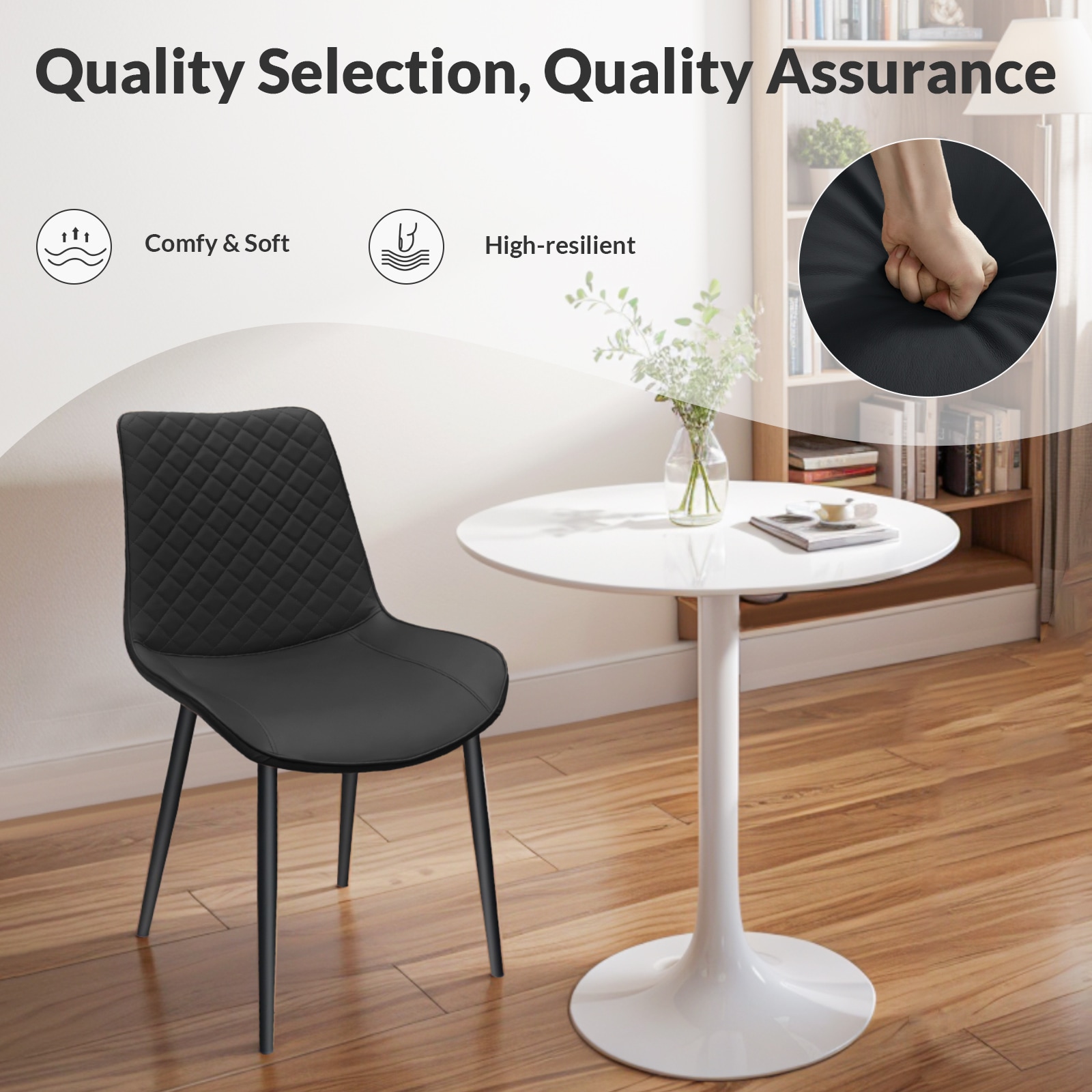 Black PU Leather Dining Chair With Metal Legs, Chequer Upholstered Armless Chair Set Of 2 For Kitchen, Restaurant, Living, Meeting Room_voghion.com